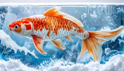 Two koi fish beneath cracked ice with vibrant scales contrasting cold environment in symbolic visual composition