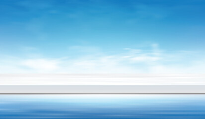 	
3D vector podium mockup with bright sky clouds background and water reflection. Perfect scenes for product presentation, cosmetic branding or showcase. Natural panorama of sea waves against blue sky