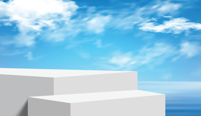 	
3D vector podium mockup with bright sky clouds background and water reflection. Perfect scenes for product presentation, cosmetic branding or showcase. Natural panorama of sea waves against blue sky