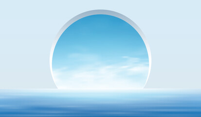 Minimal abstract background featuring a white arched frame opening to a bright blue sky and calm ocean. Perfect for product presentation, branding mockup, cosmetic display, and summer design concepts.