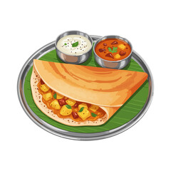 Traditional Indian Masala Dosa with Chutneys and Sambar – Vector Illustration

