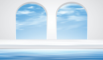 3D scene with podium and arched windows showing bright blue sky and soft clouds. Modern abstract background perfect for product display, branding presentation, cosmetic showcase, and design mockups.