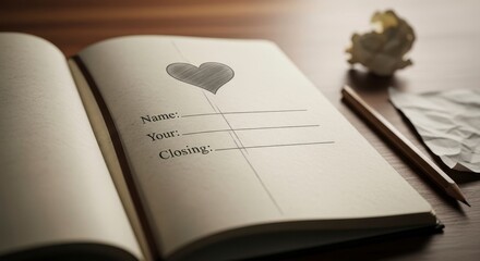 Love Letter Journal with Heart on Wooden Desk.