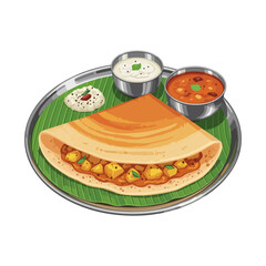Traditional Indian Masala Dosa with Chutneys and Sambar – Vector Illustration

