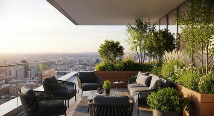 Luxury rooftop terrace with plants and city view at sunset or sunrise