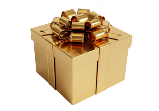 Elegant golden gift box with a decorative bow for special events isolated on transparent background