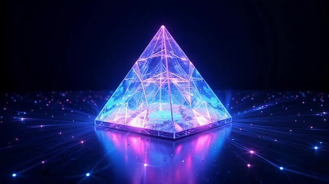 Vibrant neon pyramid pulsing with futuristic energy, perfect for a tech launch or innovative presentation with glowing particles and mesmerizing light trails