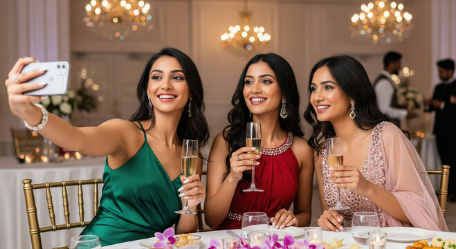 Glamorous women capture festive moments with a selfie