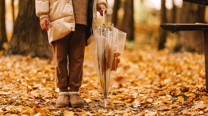 Person with umbrella standing in a park covered in fallen autumn leaves