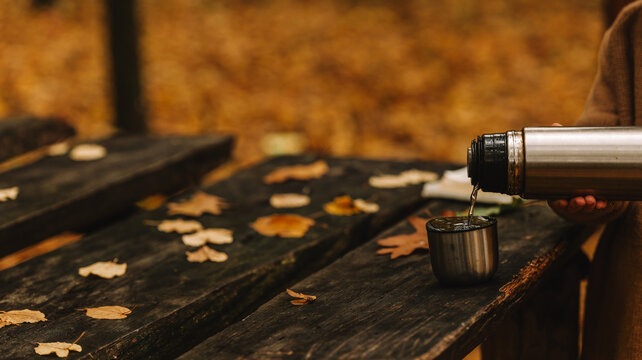 Pouring hot tea from a thermos into a cup on a rustic wooden table in autumn