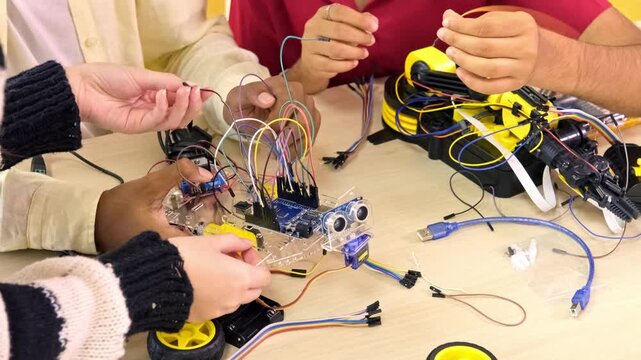 Several hands assemble a small wheeled robot on a table, connecting wires, sensors, and a microcontroller during a collaborative electronics and robotics project.