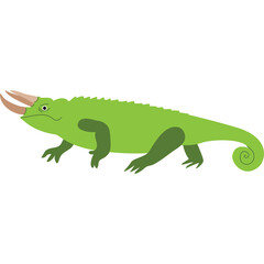 Green Chameleon with Brown Horns on a White Background