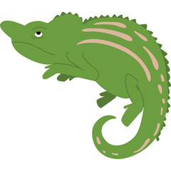 Obraz premium Green Chameleon with Pink Stripes on its Body Curled Tail and a Neutral Expression on Transparent Background