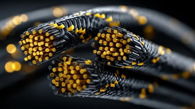 Intricate black braided texture revealing glistening golden fiber bundles against a dark bokeh