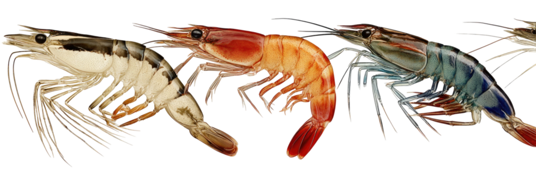 Row of colored shrimps isolated against a black backdrop