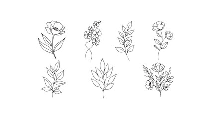 A collection of five minimalist botanical illustrations, each featuring a unique arrangement of flowers, leaves, and stems drawn in a continuous line art style. 