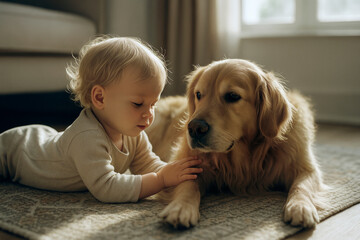 Baby and Golden Retriever Bonding at Home in Warm Natural Light
