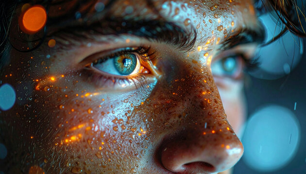 Intense Gaze: A close-up portrait of a youthful face, illuminated with dynamic light patterns, captures the intense gaze of the person. - Powered by Adobe