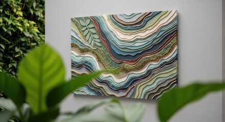 Contemporary artwork with natural stone texture hanging on a wall with plant