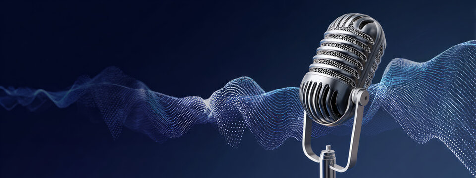 Vintage microphone sound wave blue background audio podcast