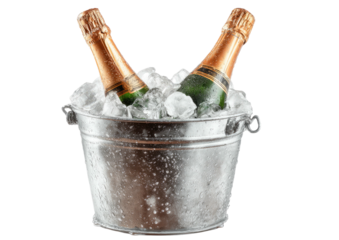 Two champagne bottles chilled in an ice-filled metal bucket