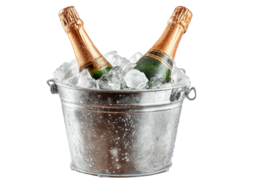 Two champagne bottles chilled in an ice-filled metal bucket