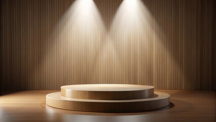 Wooden podium on a minimalist stage with soft light from above
