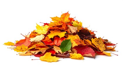 Pile of Colorful Autumn Leaves on White Background.