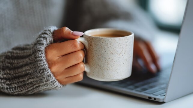 Person wearing a grey sweater holds a speckled mug of coffee near a laptop keyboard - Powered by Adobe