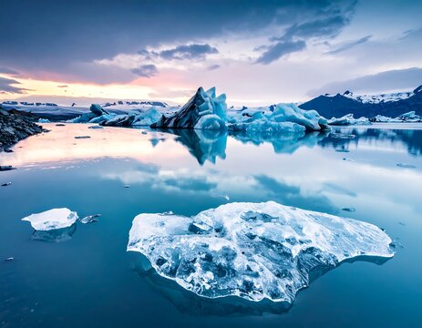 A serene scene of glacial icebergs floating on calm water reflecting a colorful sunset sky with distant mountains