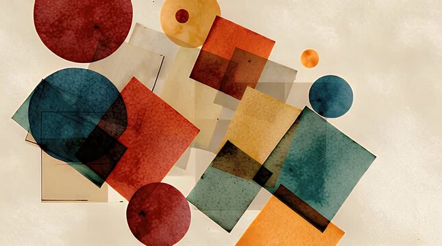 Abstract composition of overlapping circles and squares in various colors on a beige background with textured paper effect, creating depth