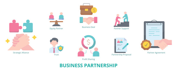 Business Partnership Flat Banner Web Icon Set Vector Illustration