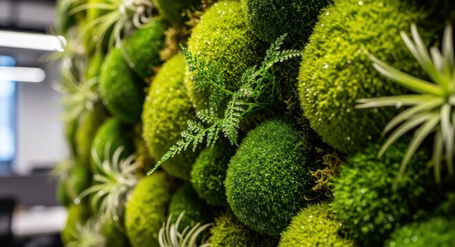 Close up of a green moss wall with plants in a modern office space