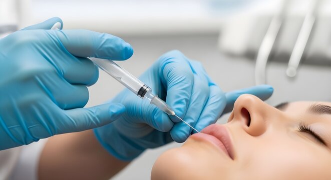 Hands administering dental Botox injection into patient’s facial muscles, clinical setting, soft natural light, shallow depth of field, highly detailed medical procedure. 