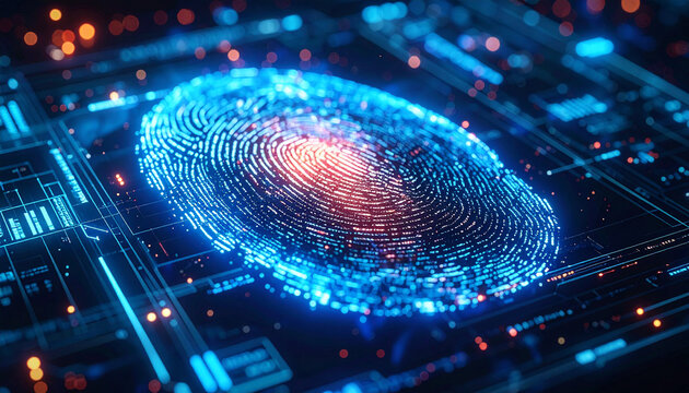 Digital Security:  A luminous fingerprint, interwoven with digital pathways, embodies the essence of modern security and secure authentication