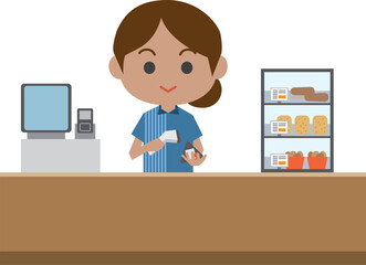 レジで接客をする外国人女性店員のイメージイラスト