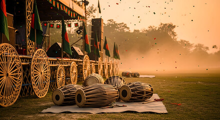 Boishakhi Celebration with Drums and Stage Decoration in Rural Bangladesh Scenery