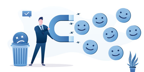 Male character uses magnet to attract positive thoughts and emotions. Happy man throw out negative emotions into trash can. Positive thinking. Happiness and avoiding negativity.
