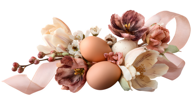 Easter eggs with floral arrangement, isolated on transparent background