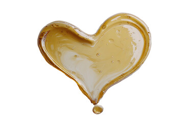 Heart-shaped puddle of amber liquid with trailing droplet