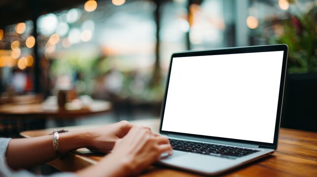 Person typing on a laptop with a blank screen in a cafe with bokeh lights