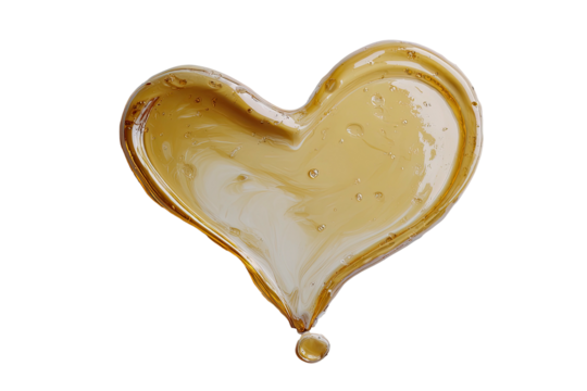 Heart-shaped puddle of amber liquid with trailing droplet