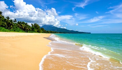 Idyllic tropical beach with turquoise water and white sand.