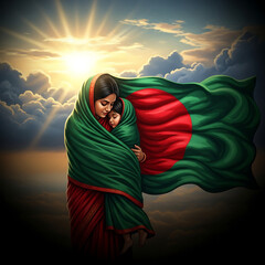 Celebrating Bangladesh independence day mother and child with national flag embrace affection