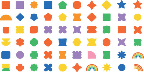 Collection of Colorful Geometric Shapes on White Background | Playful Vector Pattern for Kids Education, Arts and Crafts, and Graphic Design Projects