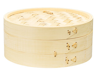 Bamboo Steamer with Two Layers on White Background