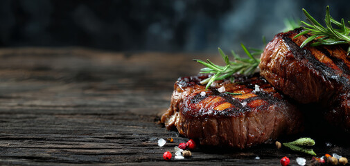 Grilled steak dark wooden table rosemary sea salt peppercorn juicy charred rustic style closeup