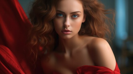 This image does not contain a human face. Therefore, I will provide a prompt for the entire image as requested. close up portrait of a woman with long curly auburn hair, wearing a red fabric draped ar