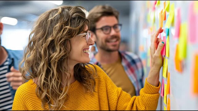 Adaptive thinking creative team woman smiling coworker collaborative brainstorming sticky note planning session with colleagues