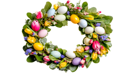 Easter Wreath with Painted Eggs and Spring Flowers, isolated on transparent background